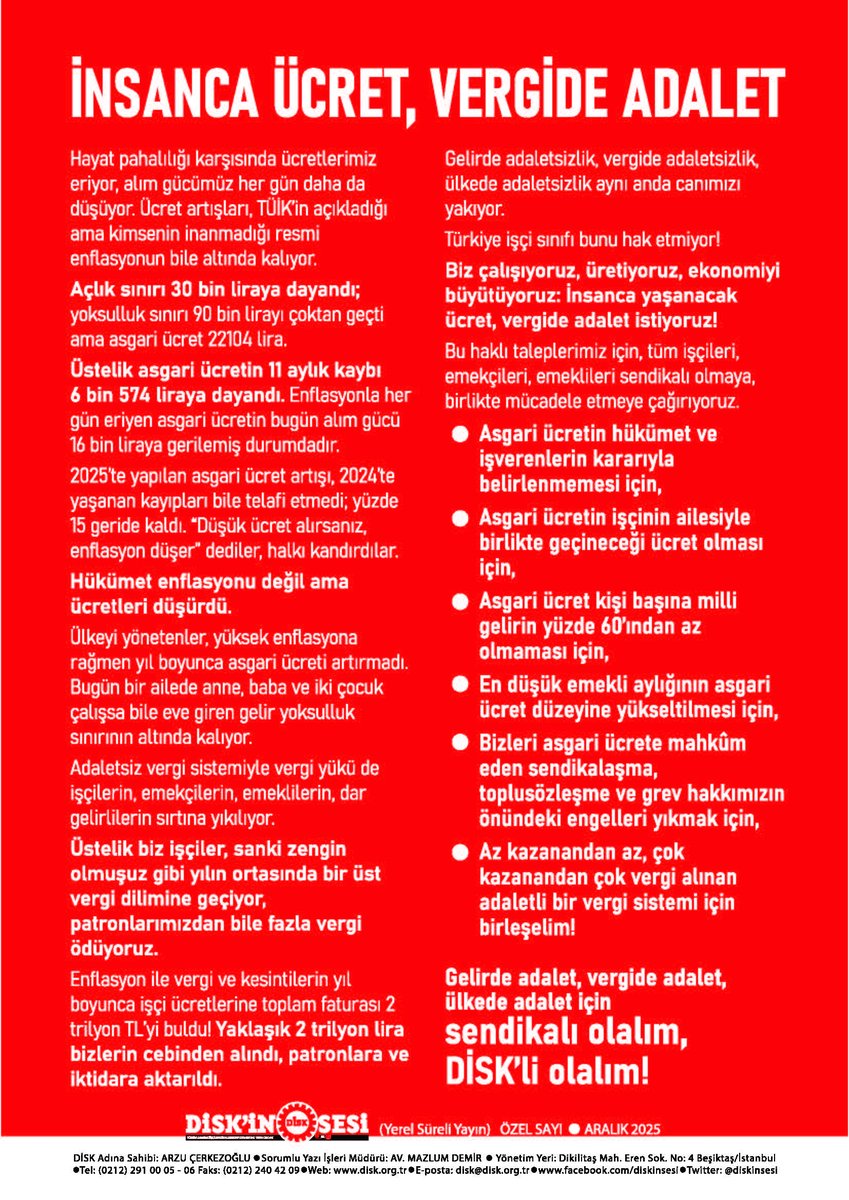 "Hayat pahalı, emek ucuz! Bu ücretlerle yaşanmaz!"
Asgari değil insanca yaşanacak ücret; 
Gelirde adalet, vergide adalet istiyoruz! 

📢Taleplerimizi içeren bildirimizi işyerlerinde ve bölgelerde dağıtmaya, okumaya başladık.