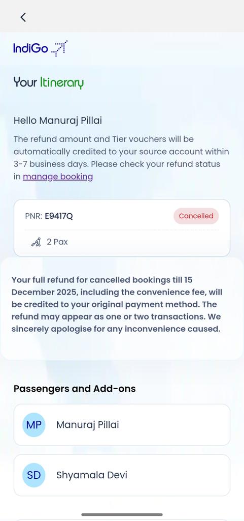 AdvocateManuraj's tweet photo. @Cleartrip It was cancelled by IndiGo, not you. IndiGo has already refunded the full Rs.17,000 to Cleartrip.
Why are you trying to deduct the convenience fee, when it was already charged once?
Please process the full refund. Give price breakup of Rs 17000 credited by @IndiGo6E https://t.co/hSJd3U8PfZ