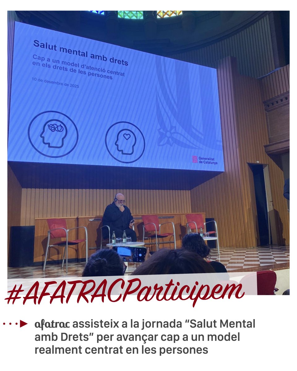 📣 AFATRAC ha assistit a la jornada “Salut Mental amb Drets”.

⚖️ Un espai clau per avançar cap a un model centrat en la dignitat i els drets humans.

🧩 A AFATRAC continuem compromesos amb una transformació real del sistema.

🤝 Seguim treballant al costat de les famílies.