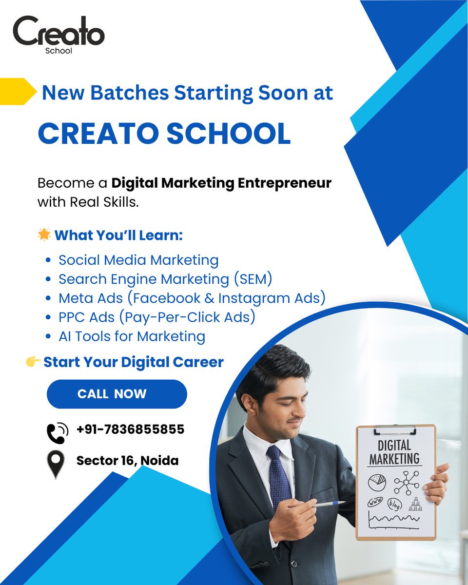CreatoSchool's tweet image. Become a Digital Marketing Entrepreneur with real skills
Learn #SocialMediaMarketing #SEM #MetaAds , AI Tools + live projects &amp;amp; internship
New batches starting soon

👉 call Now
🌐 creatoschool.com
📞7836855855
#CreatoSchool #DigitalMarketing #MetaAds #SEM #NoidaSector16