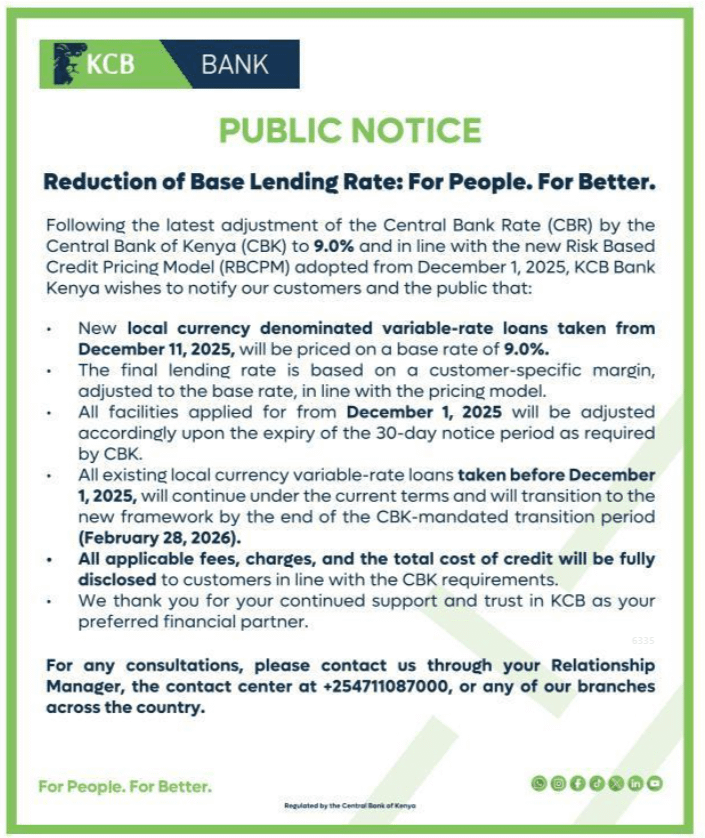 𝐑𝐨𝐮𝐧𝐝𝐮𝐩 𝐨𝐟 𝐓𝐨𝐝𝐚𝐲'𝐬 𝐓𝐨𝐩 𝐁𝐮𝐬𝐢𝐧𝐞𝐬𝐬 𝐂𝐨𝐧𝐭𝐞𝐧𝐭 [𝟏𝟏𝐭𝐡 𝐃𝐞𝐜 𝟐𝟎𝟐𝟓]:

1. KCB Bank has revised loan pricing following the CBR cut to 9%. All new variable-rate local currency loans from 11 Dec will be priced off the new 9% base rate plus a