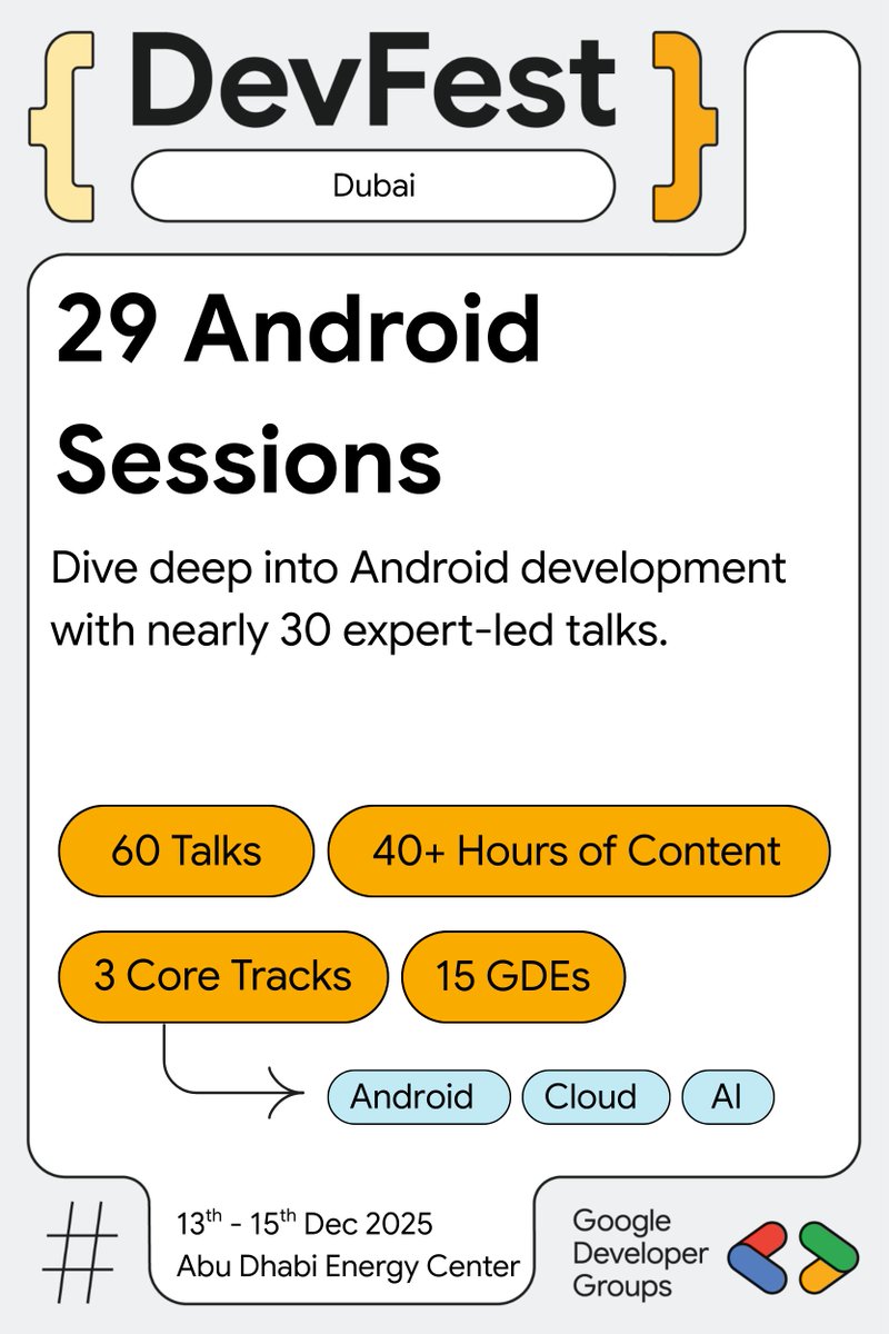 29 Android Sessions. 🤖 15 GDEs. 3 Days of Code.

We are bringing the biggest Android lineup in the region to the End of Year Showdown. Compose, Internals, Performance—it’s all here.

RSVP is mandatory: gdg.community.dev/events/details…

#DevFestDubai #AndroidDev