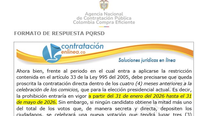 contrataenlinea's tweet photo. 📄LEY DE GARANTÍAS ELECTORALES. CONTRATACIÓN  DIRECTA. ¿Cuál es el periodo  de tiempo en el cual no pueden suscribirse contratos de manera directa  de acuerdo con la restricción prevista en el artículo 33 de Ley 996 de  2005? https://t.co/1OwjzvBGqw https://t.co/lD6wmSB3fZ