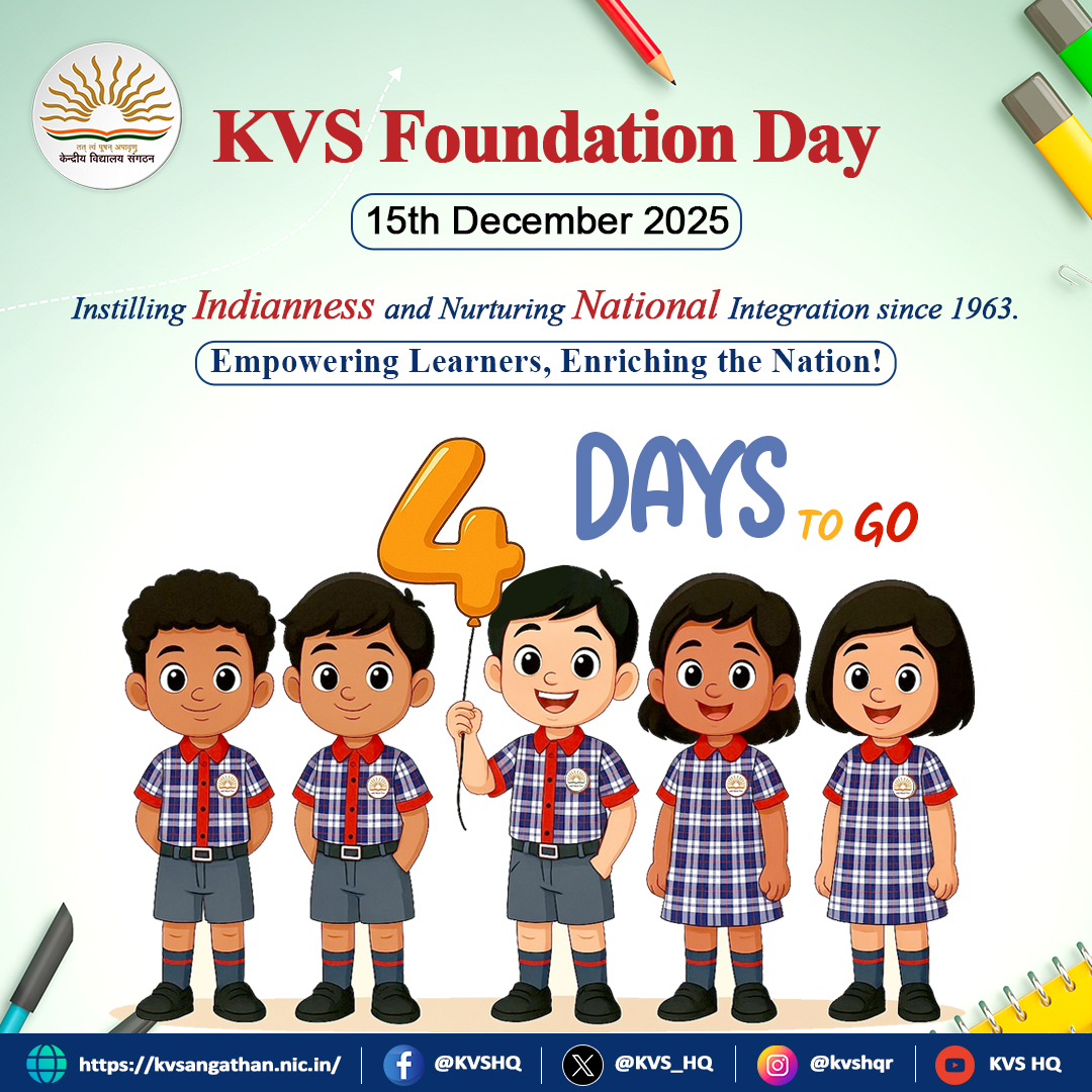 🗓️ 4 Days to Go!

15th December marks the celebration of KVS Foundation Day—our tribute to six decades of nation-building.

Instilling Indianness. Fostering national integration. Empowering every learner.

#KVS #KVSFoundationDay2025 #ProudKVians #NEP2020