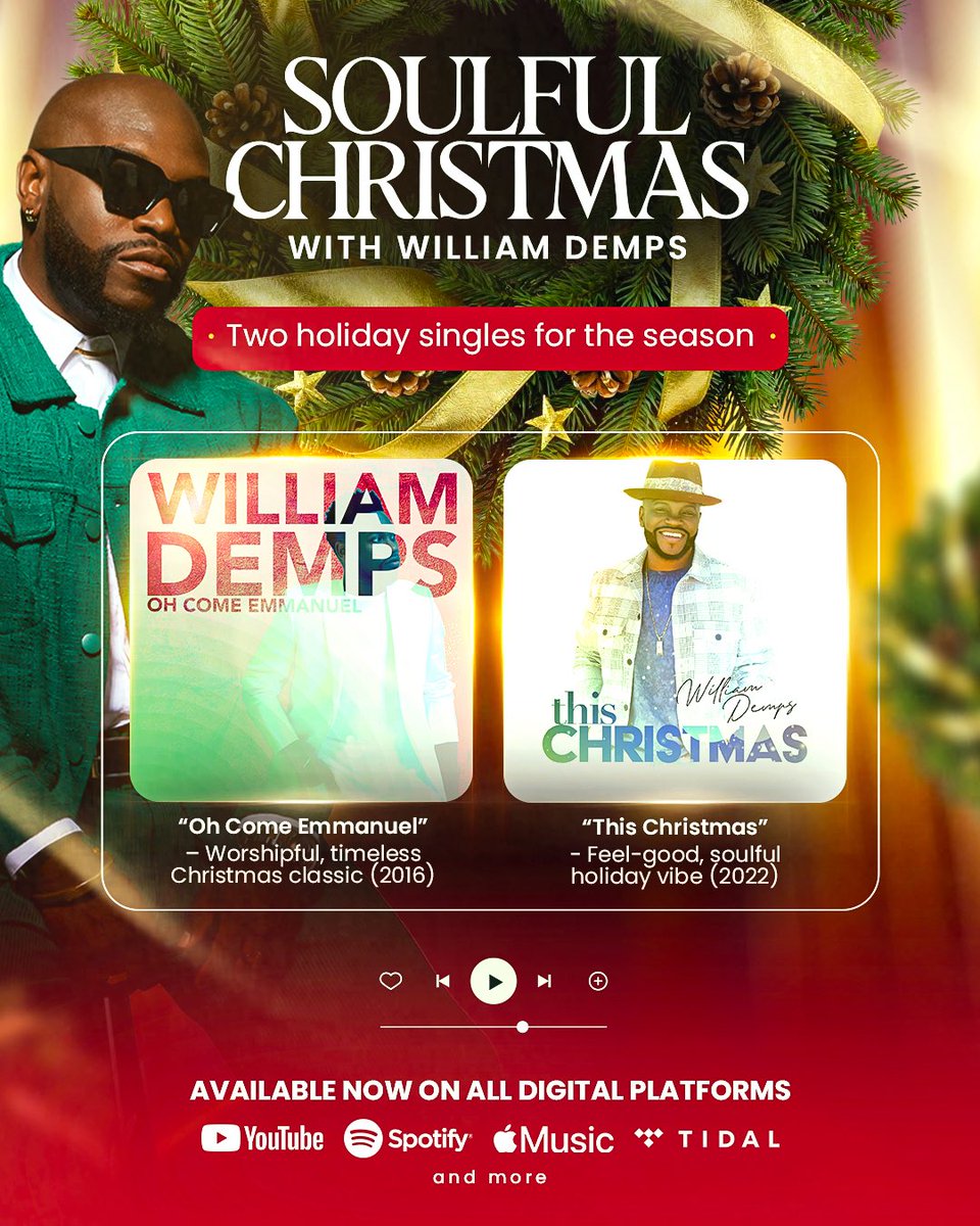 WilliamDSB7's tweet photo. Soulful Christmas vibes 🎄✨

“Oh Come Emmanuel” &amp; “This Christmas” — two holiday singles to bring worship, warmth &amp; groove to your season.

Stream now on all platforms &amp; add them to your Christmas playlist. ❤️

#WilliamDemps #SoulfulChristmas #ChristmasMusic #HolidaySeason https://t.co/TML9Sm3n5i