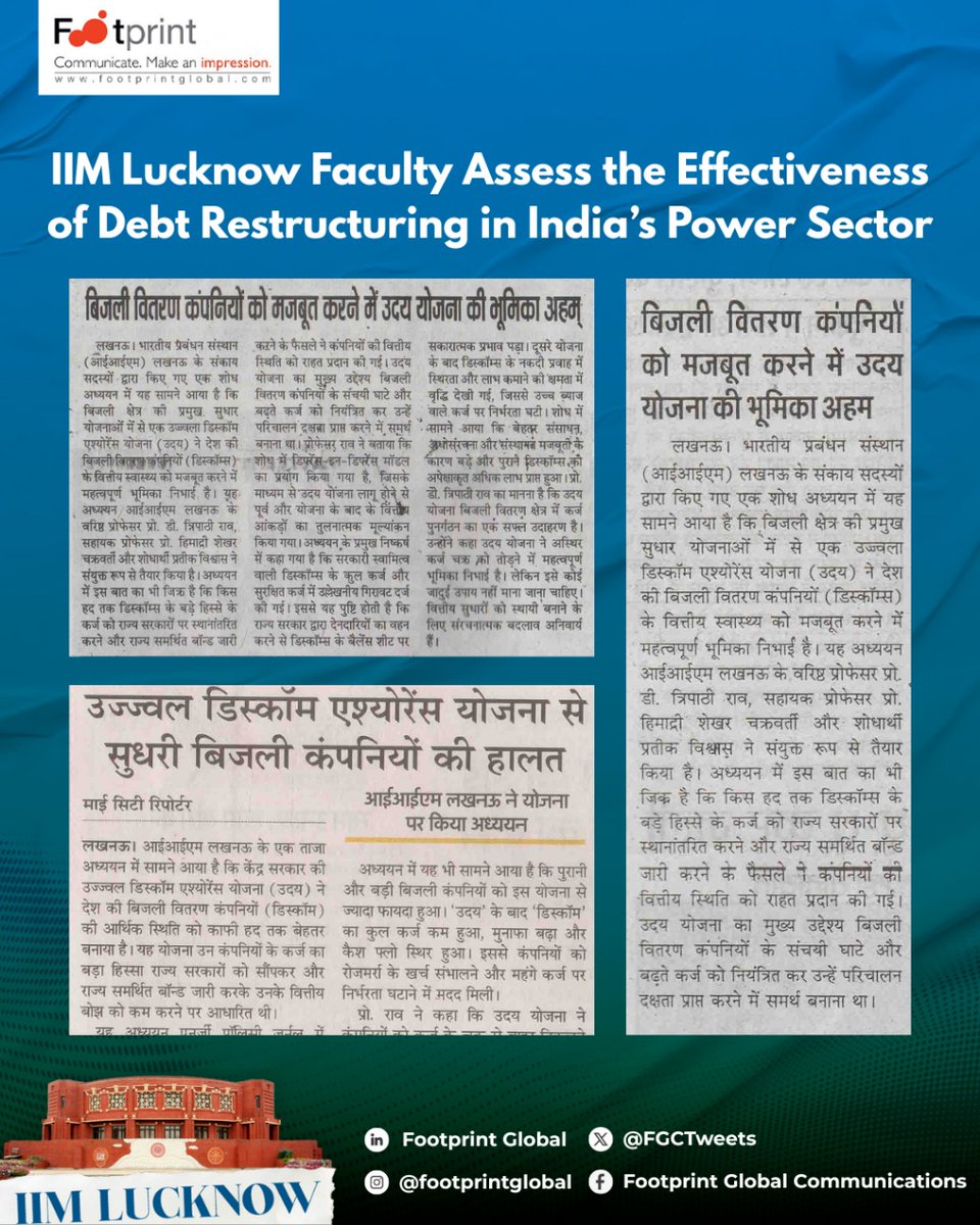 FGCTweets's tweet image. The IIM Lucknow study provides insights on the implications of such a debt transfer mechanism on long-term financial discipline.

Read more: univarta.com/story/States/n… 

#IIMLucknow #IIMLResearch #AcademicResearch #PowerSector #EnergySector #ElectricityDistribution #Discoms