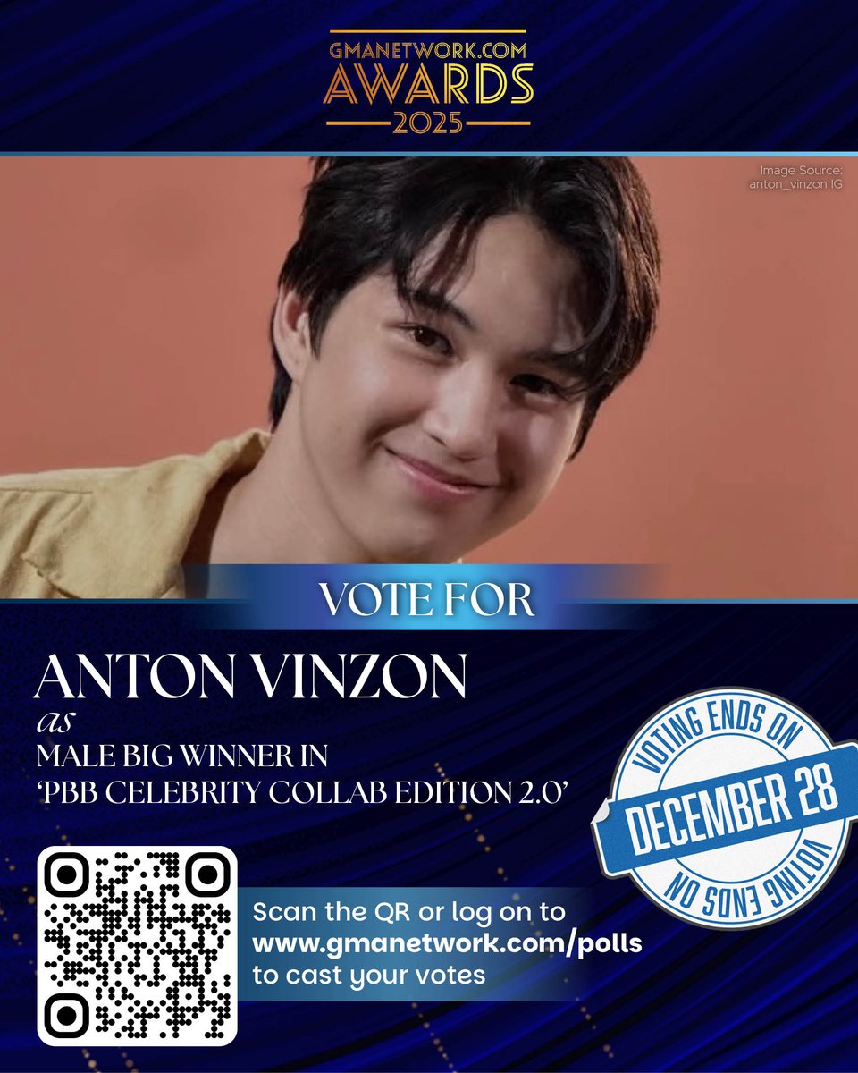 gmanetwork's tweet photo. Male Kabataang Pinoy housemates have impressed viewers with their charisma and personalities in Pinoy Big Brother Celebrity Collab Edition 2.0.

With 2025 drawing to a close, it’s your chance to decide who among the ten housemates deserves to be the Big Winner!

Vote for your favorite artists and programs in the first-ever https://t.co/4NLS8yMOWr Awards!

Scan the QR code in the photos or log on to https://t.co/bmw1XCueCm to cast your votes.

Voting period ends on December 28. ✨ 1/3