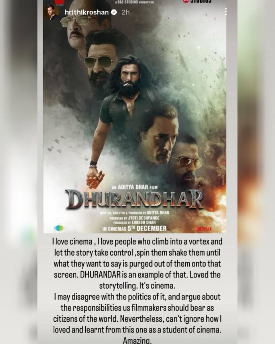 MukulUpadhyay_'s tweet photo. Bollywood’s ‘global citizen’ code: don’t show reality of Pakistan-sponsored terror, just demonise Indian agents and forces. But a few Indian citizens dared to show the truth and public is loving it. Free advice for Bollywood: learn to deal with it! #Dhurandhar #HrithikRoshan https://t.co/nNxbrlzWOI
