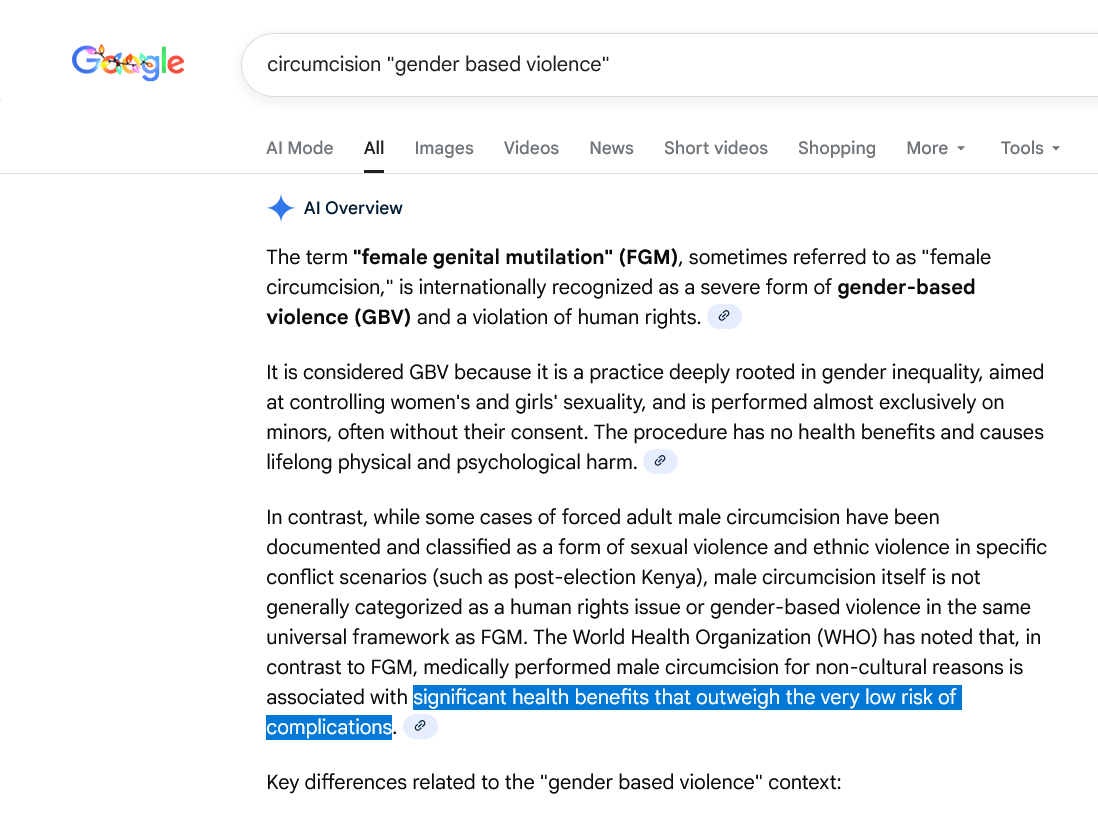 JonMur5's tweet photo. Complain to Google about AI-generated, gaslighting bullshit.  It sustains a cultural narrative of abuse.

Depression and SUICIDE are NOT "low-risk" complications, or "health benefits".

Forced male genital mutilation IS gender-based sexual violence directed at infant boys.

#i2 https://t.co/QzZxShrF7G