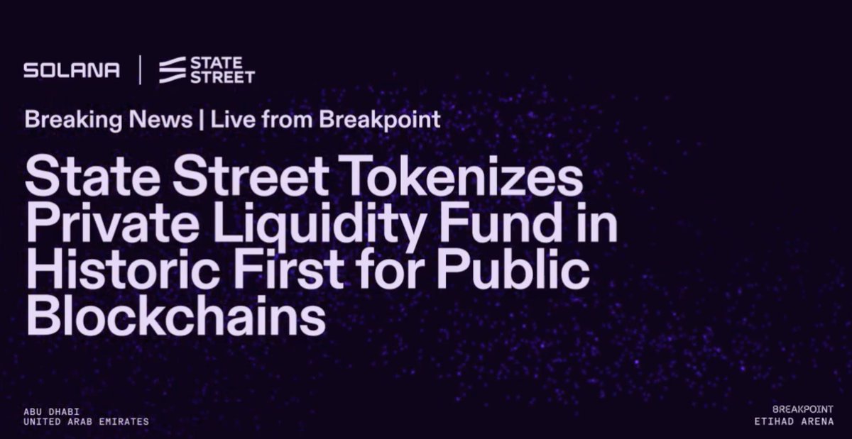 A global banking giant is issuing assets on Solana for the first time ever 🔥
<a href="/StateStreet/">State Street</a>  - a GSIB with $50 trillion in assets under custody - is tokenizing SWEEP on Solana through a partnership with <a href="/galaxyhq/">Galaxy</a>. This marks the first time a major global bank chooses Solana over