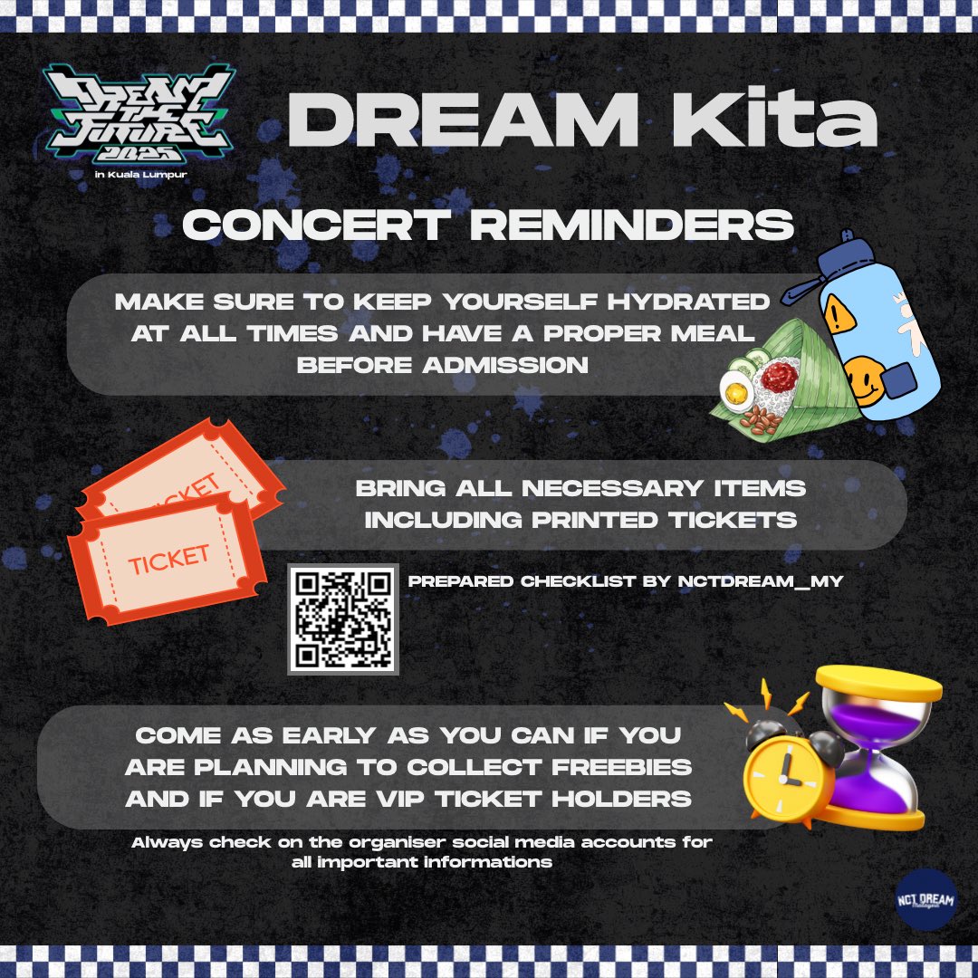 NCTDREAM_MY's tweet photo. DREAM Kita: Concert Reminders 🌟

Read carefully and take note on these reminders. Scan the QR for necessary items checklist.

#DREAMKita #TDS4inKL https://t.co/P69iKSENZT
