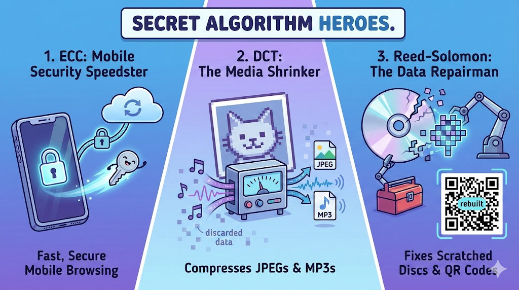 TechBinary99's tweet image. The Secret Tech Heroes You Use Every Day 🤫

Your daily life runs on algorithms you&apos;ve never heard of. They make your browsing faster, your data safer, and your old discs readable.

Here are 3 niche algorithms working overtime:

1. Elliptic Curve Cryptography (ECC): Secures your…