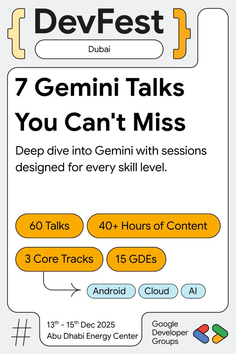7 Gemini Talks. ✨ Build the future of AI at DevFest Dubai.

We’re moving past the hype with sessions on production-ready agents, on-device AI, and security.

Secure your spot: gdg.community.dev/events/details…

#DevFestDubai #Gemini #GenAI #AI