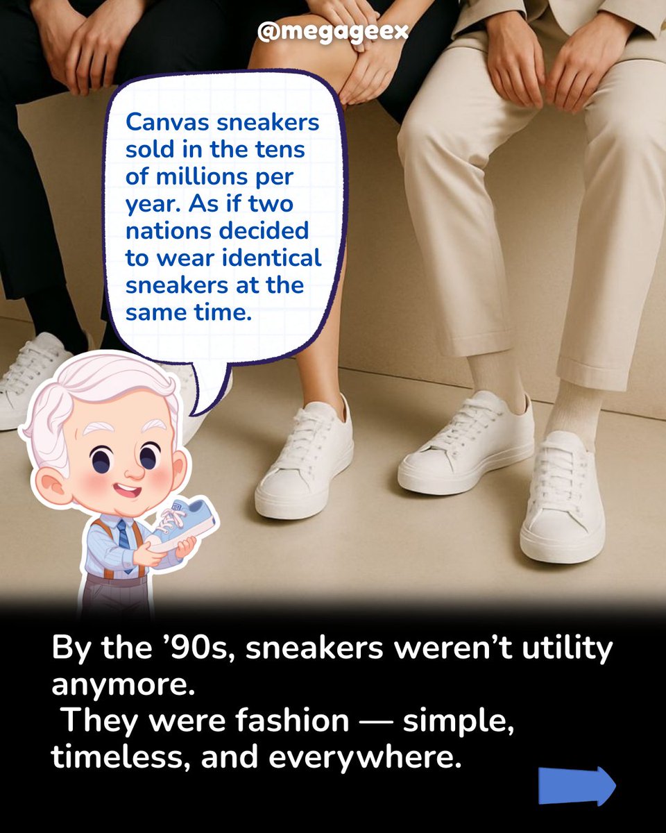 MegaGeex's tweet photo. Sneakers didn’t start in sports.
They began in prisons and psych hospitals,  cheap, silent, and built for control.
Kids turned them into freedom.

By the ’90s, canvas sneakers sold in tens of millions a year,  enough for whole countries to switch to canvas.

#Sneakers #History https://t.co/6QsJQ8tSPU
