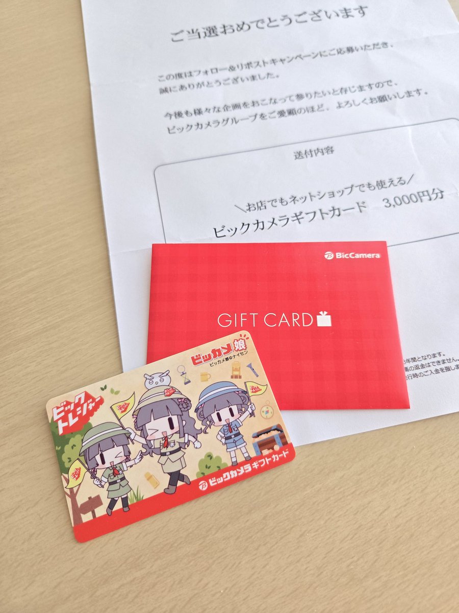 ビックカメラ様の
ビックトレジャー2025池袋
フォロー＆リポストCPに当選♪
<a href="/biccameraE/">ビックカメラ</a>

オリジナルデザイン
ビックカメラギフトカード3000円分
をいただきました♡

ビッカメ娘ちゃんデザインかわいいです🥰
新しいドライヤーが欲しかったので早速使わせていただきます💓
#猫又の当選報告