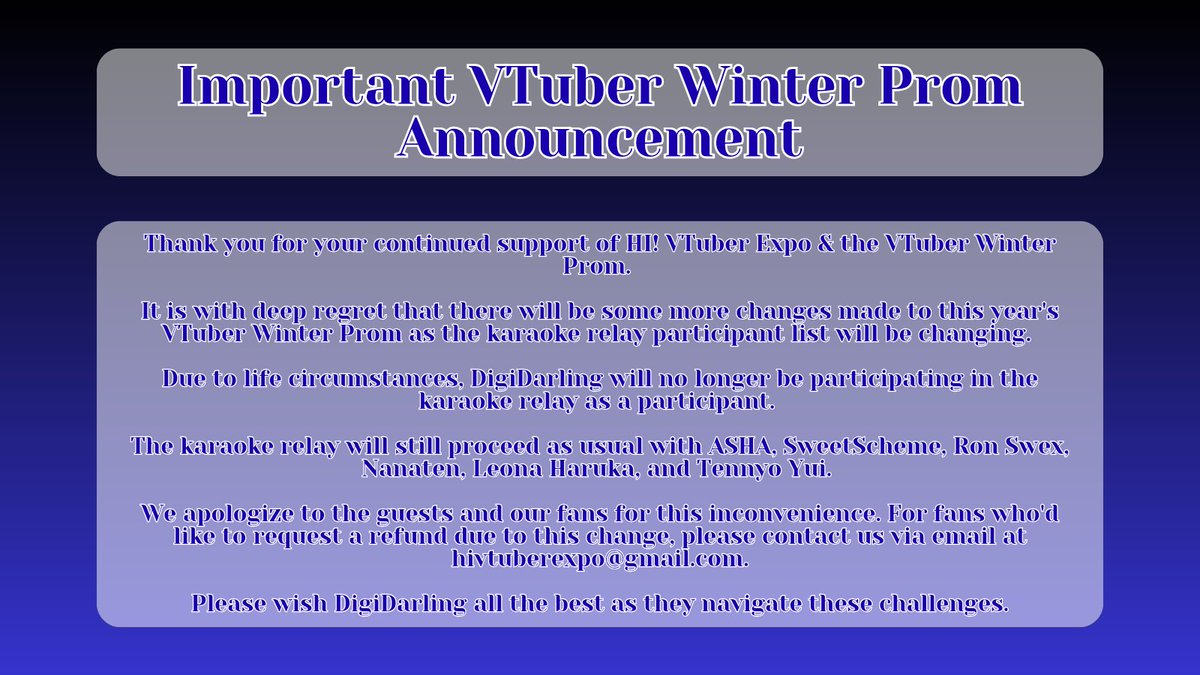 【IMPORTANT ANNOUNCEMENT】

In regards to upcoming participant changes for the 2025 VTuber Winter Prom involving DeeDee (<a href="/DigiDarlingVT/">DEE DEE | Cyberverse Vtuber | REDEBUT ARC</a>). 

#VWinterProm25 #VTuberProm #VTuber