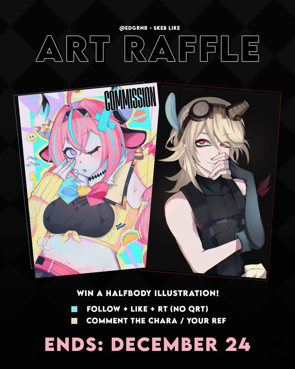 ⠀　༯  Skeb Halfbody Art Raffle 🐈‍⬛
⠀ ⠀#artraffle #giveaway

To enter:

✘ Follow 
✘ Like &amp; RT 
✘ Reply with your reference (No AI)
✘ Second winner will receive 30% off on any of my VGen services.

☕️ Ends: December 24. Good luck!!
