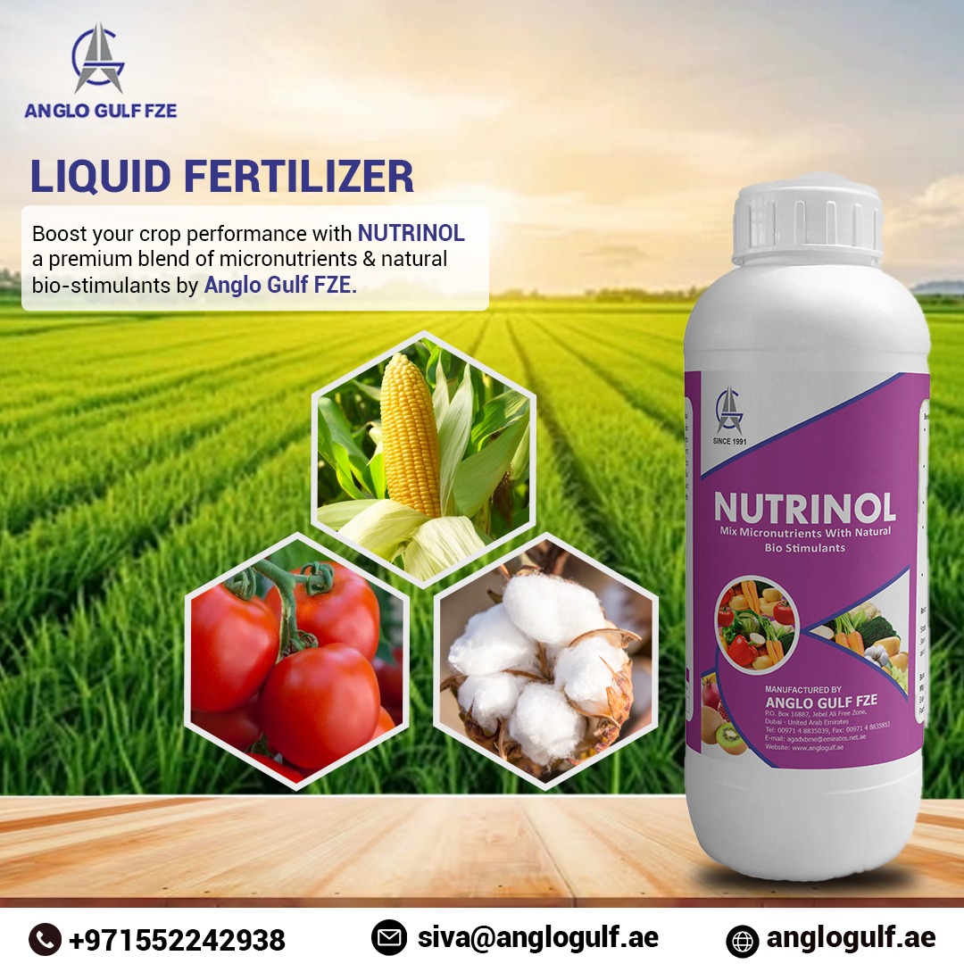 anglogulffze's tweet image. Give your crops the nutrition they deserve with NUTRINOL
#AngloGulfFZE #NUTRINOL #LiquidFertilizer #CropNutrition #BioStimulants #Micronutrients #AgricultureUAE #AgriSolutions #PlantGrowth #HealthyCrops #AgricultureInnovation #FarmersChoice #FieldYield #CropBooster