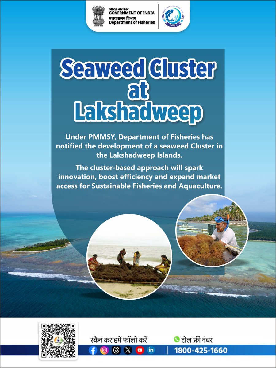 FisheriesGoI's tweet photo. The Government of India is empowering fishing communities in #Lakshadweep through a transformative #SeaweedCluster under PMMSY — unlocking new livelihoods, boosting the blue economy, and driving sustainable growth.
#InvestorsMeet #ClusterDevelopment #SustainableFisheries #SeaweedFarming #MatsyaSampadaSeSamriddhi #PMMSY