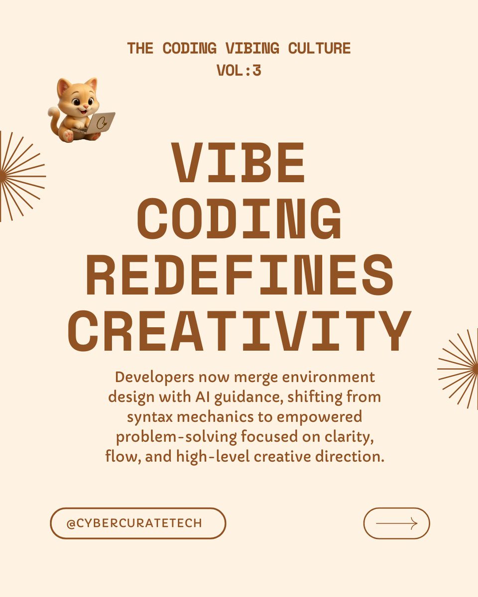 CyberCurateTech's tweet image. The New Vibe of Coding 🌊⚡️

Coding = creation. Design the flow, direct AI like a conductor 🎻✨
Syntax = automated. Vision = human 🔥

From mechanic → strategist. Writer → director.
Shape systems &amp;amp; futures 🚀
Let’s go!

#FutureOfCoding #AICoding #FlowState  #CyberCurateTech