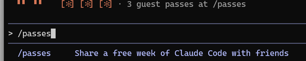 xrrrp's tweet photo. Looks like Claude just shipped a new feature silently, Guest Passes for 1 week! @claudeai #claudecode 

Make sure you're running the latest release : 
npm update -g @anthropic-ai/claude-code https://t.co/3nIodzw1vj