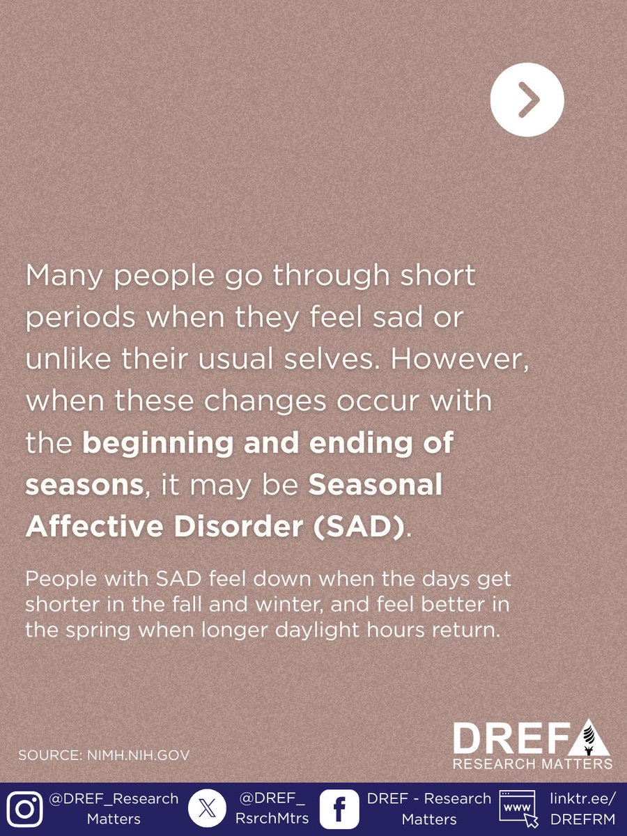 DREF_RsrchMtrs's tweet image. 🧠 #DYK ? Millions of Americans experience seasonal affective disorder (SAD) — and many don’t even realize it.

SAD is a form of depression triggered by seasonal changes 🍁❄️🌸☀️ While the holidays bring joy for some, they can be an especially tough time for others.

Symptoms…