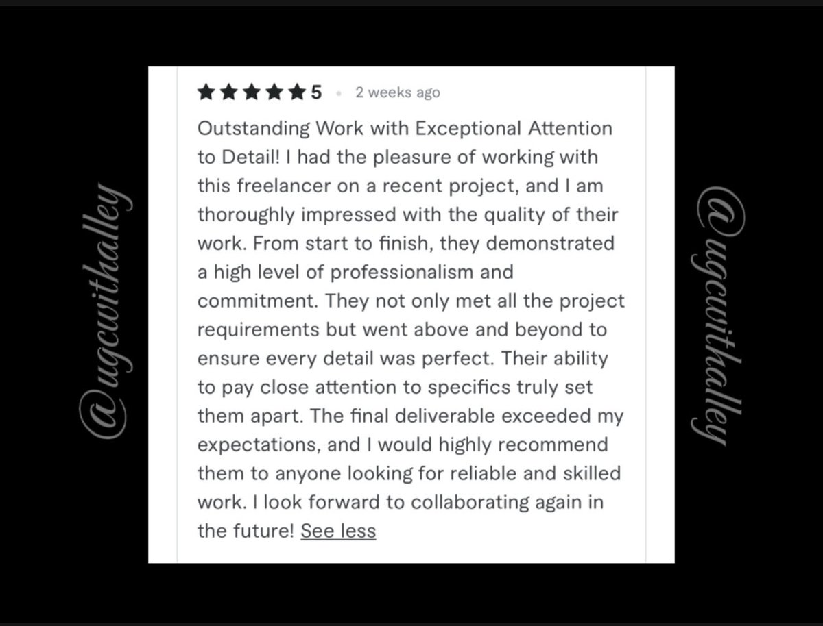 Another satisfied customer over on <a href="/fiverr/">Fiverr</a>! ✨

I put a LOT into my UGC work, so reviews like this truly mean a lot.

If your brand needs reliable, detail-oriented #UGC that converts, my inbox is always open 🤍

🔗: ugcwithalley.my.canva.site
💌: business.alleyredd@gmail.com