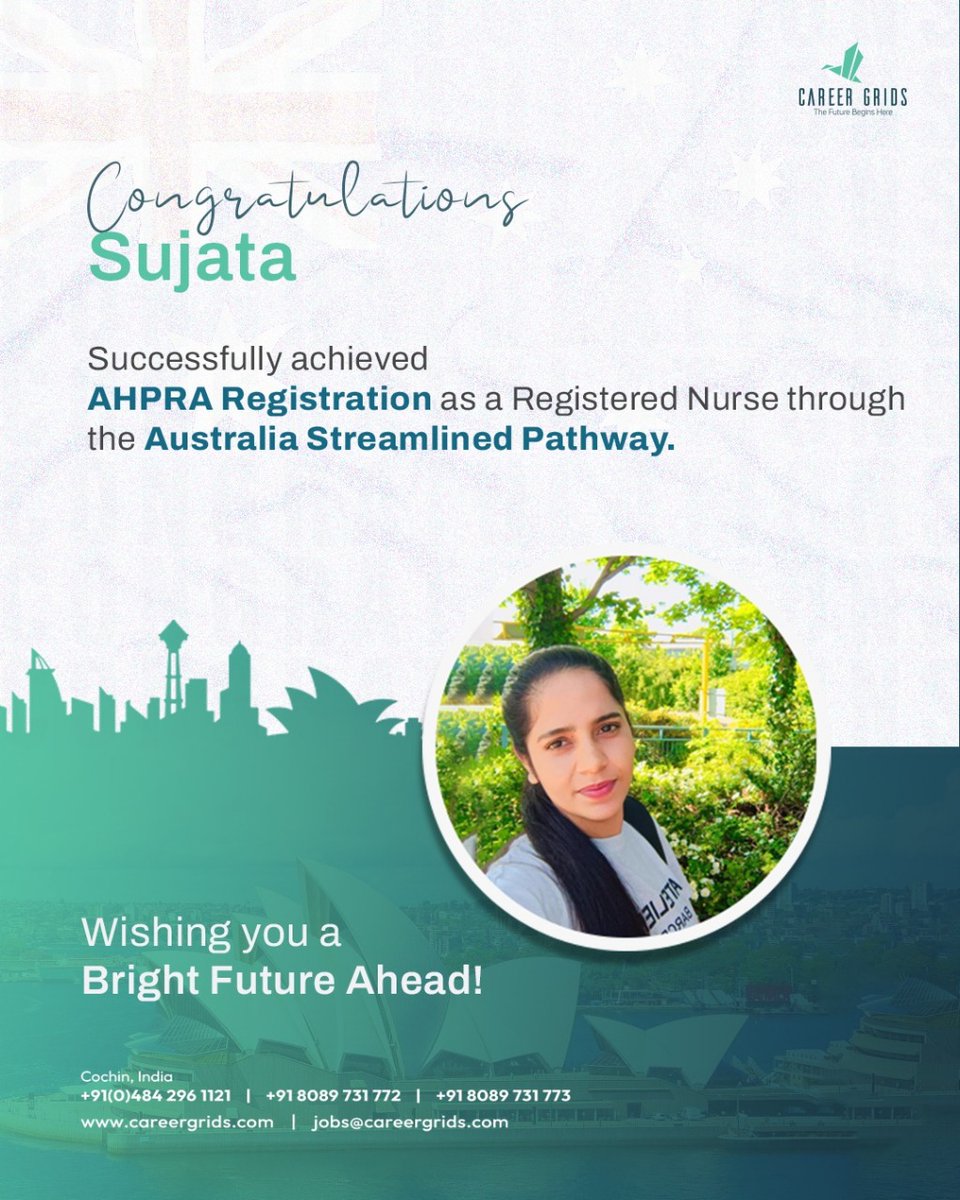 Congratulations to Sujata on Achieving AHPRA Registration as a Registered Nurse via the Australia Streamlined Pathway.

📩 Get in Touch:
📞 +91-8089731772 / +91-8089731773
📧 jobs@careergrids.com