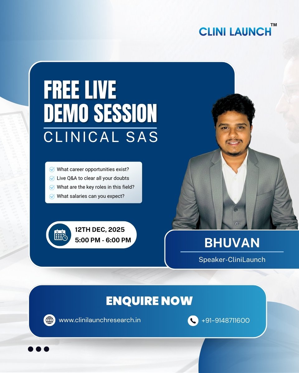 clinilaunch's tweet image. Want to start a career in Clinical SAS?
Join our Free Live Demo Session to explore roles, salaries &amp;amp; real career opportunities.

🗓 12 Dec | 🕔 5–6 PM
Register → clinilaunchresearch.in
📞 +91 91487 11600

#CliniLaunch #ClinicalSAS #SASProgramming #ClinicalResearch #FreeSession
