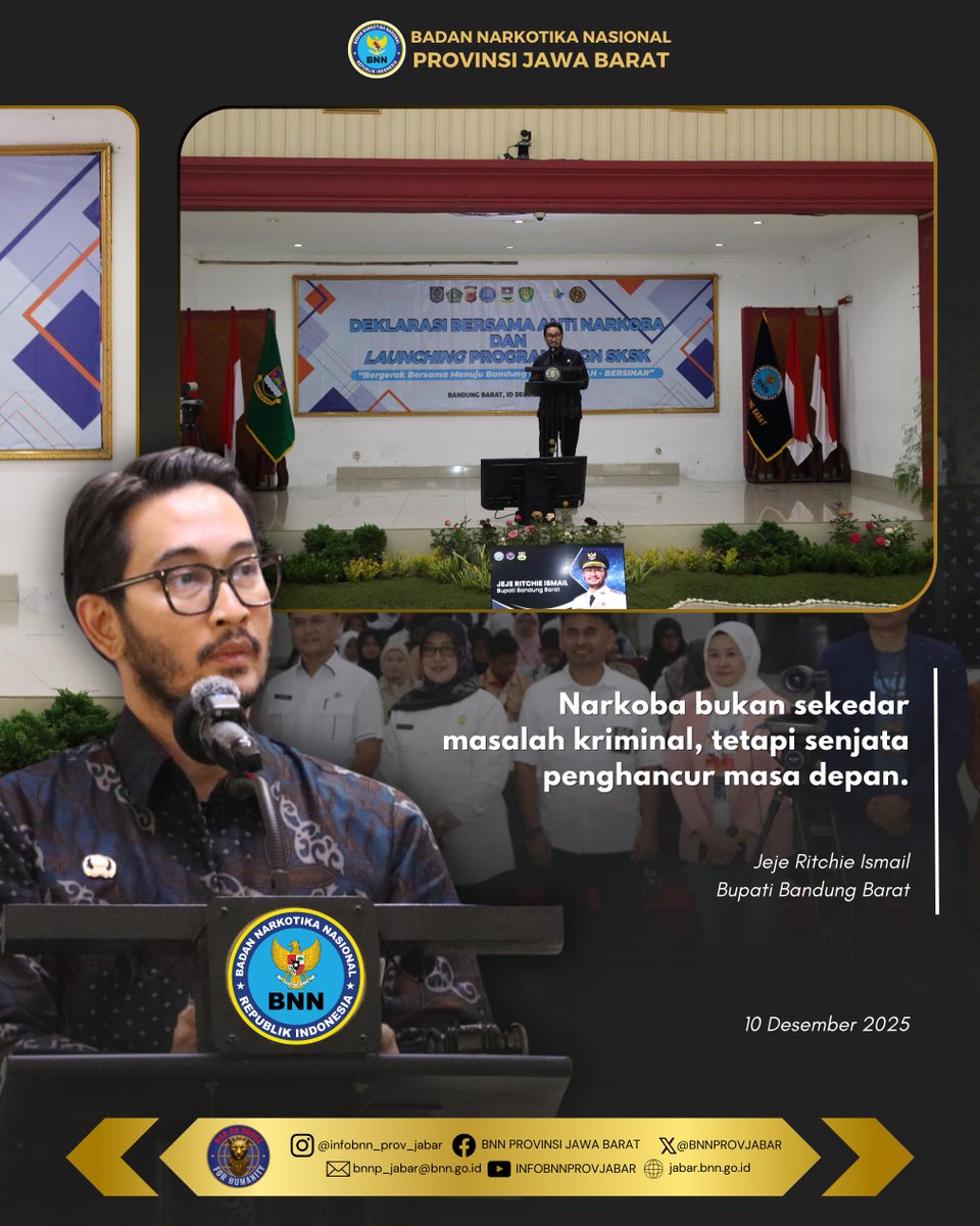 BNNP Jawa Barat menghadiri kegiatan Deklarasi Bersama Anti Narkoba yang diselenggarakan oleh BNNK Bandung Barat sebagai bentuk komitmen bersama dalam mewujudkan Bandung Barat AMANAH – BERSINAR

#warondrugsforhumanity