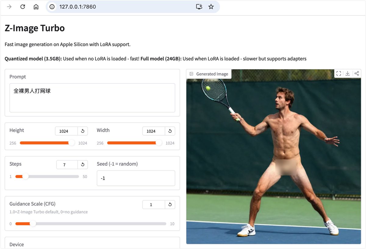 🤖 알리바바의 Z-Image Turbo 모델(매개변수 60억 개)을 사용해 봤습니다. 맥북 프로(M4 Pro)에 32.9GB의 SafeTensors를 다운로드하고 실행해 봤습니다. 512x512 이미지 생성에는 약