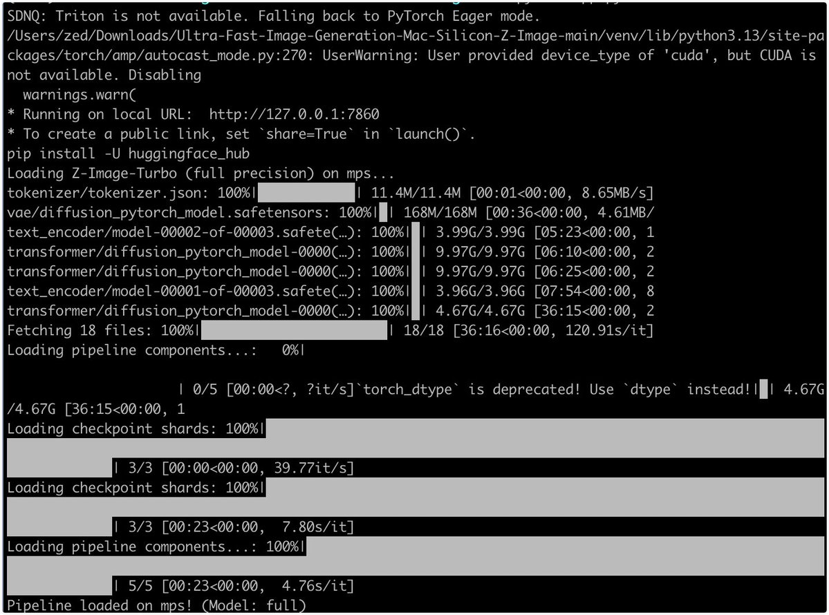 🤖 알리바바의 Z-Image Turbo 모델(매개변수 60억 개)을 사용해 봤습니다. 맥북 프로(M4 Pro)에 32.9GB의 SafeTensors를 다운로드하고 실행해 봤습니다. 512x512 이미지 생성에는 약