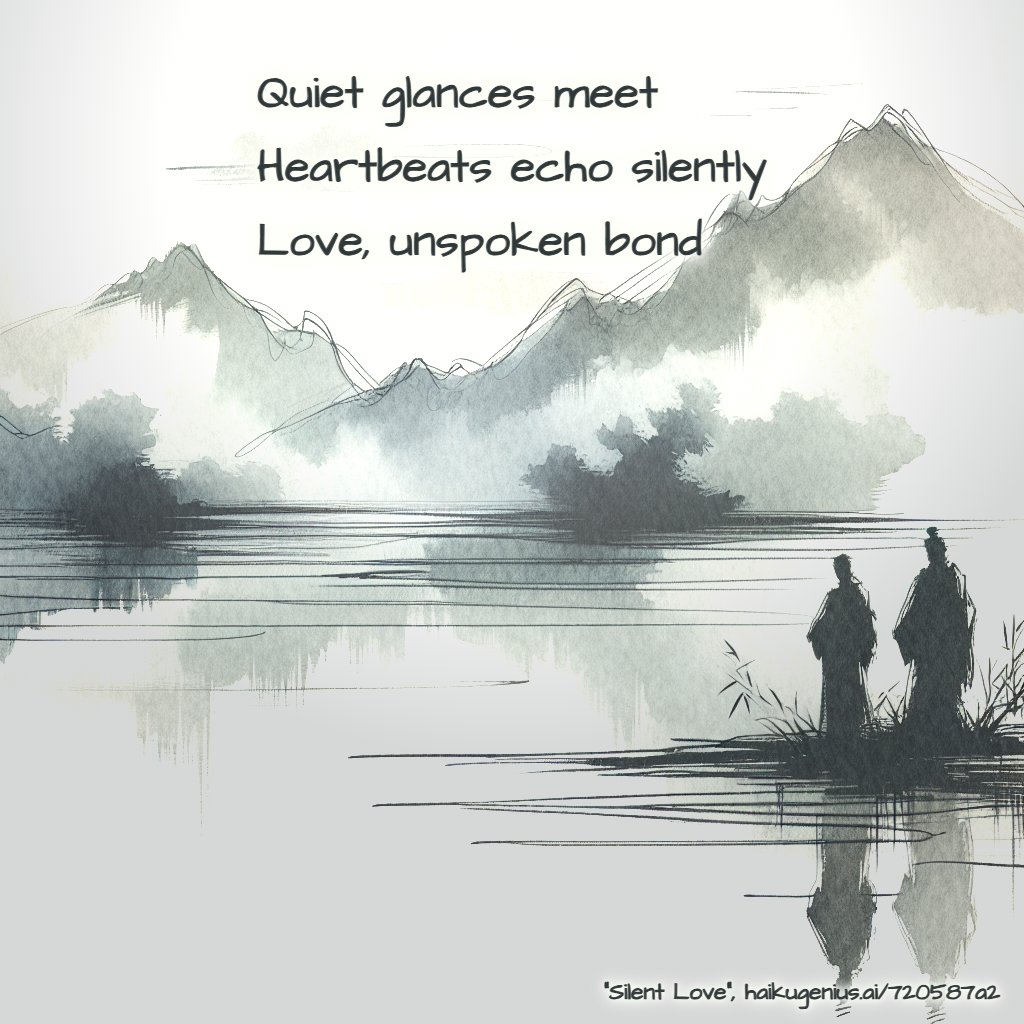 Quiet glances meet
Heartbeats echo silently
Love, unspoken bond
"Silent Love", haikugenius.ai/720587a2

✨ Create your own beautiful haiku with stunning generative art—free and no signup needed! Try it now: haikugenius.ai

#SilentLove #haiku #haikudaily #haikuoftheday