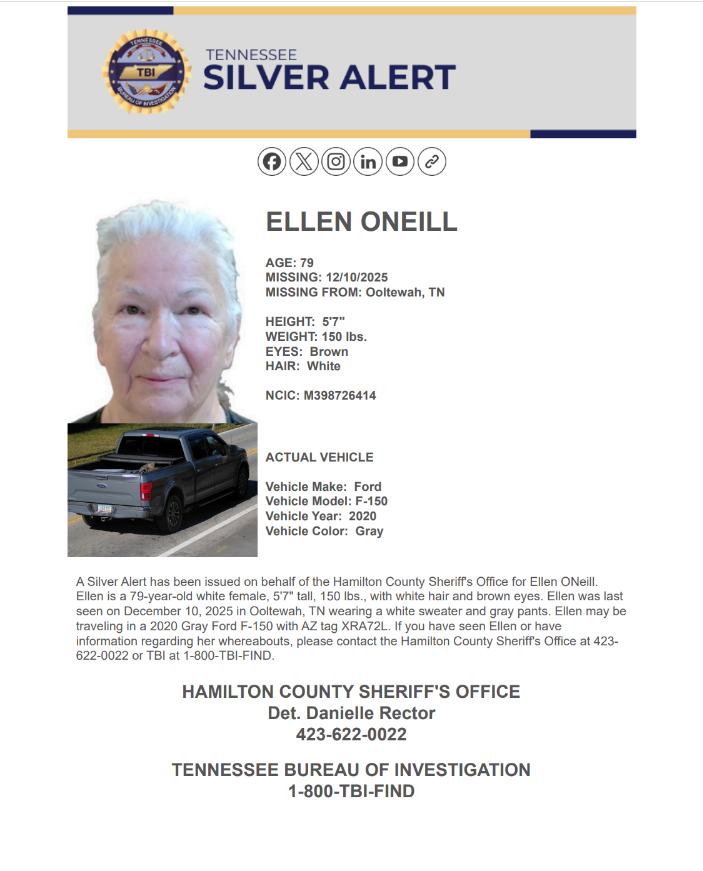 TBInvestigation's tweet image. #TNSilverAlert We need your help to find Ellen ONeill who is missing from Ooltewah.

Ellen is 79 y/o, 5’7, 150lbs., with white hair &amp;amp; brown eyes, last seen Wednesday in Ooltewah.

Spot her? Call the Hamilton County Sheriff’s Office at 423-622-0022 or TBI at 1-800-TBI-FIND.
1/X