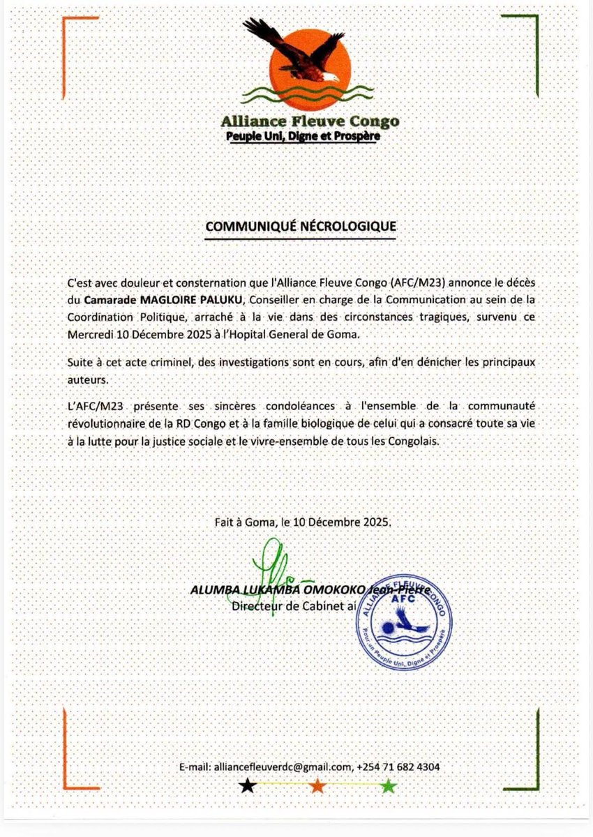 Nyamuhombeza's tweet photo. 🔥#REST_IN_HELL (R.I.H) #MAGLOIRE_PALUKU🔥🔥👇👇👇👇👇👇👇👇🫵🫵
LA JUSTICE DE DIEU IL Y EN A, DIT-ON🤔🤔🤔🤔🤔🤔🤔🤔
La coalition meurtrière a confirmé sa réalité en abattant ce fugitif qui se croyait parmi les siens au sein de la machine balkanisatrice de l'empire #Hima_tutsi de @KagutaMuseveni🇺🇬 et @PaulKagame🇷🇼. Ceci est un vrai message à #Corbeille_Diamba dit #Corneille_Nangaa.
#Magloire_Paluku, cadre de la coalition meurtrière #RDF_M23_AFC_TWIRWANEHO🇷🇼 et ex-journaliste, tué par balle à #Goma🇨🇩 par les agents #pro_Kagame et #anti_Nandes dans cette coalition.
Cadre de cette coalition genocidaire, l’ancien journaliste congolais #Magloire_Paluku, a été tué par balle mercredi dans les rues de #Goma, ont indiqué à #Ombe_Nyamuhombeza🇨🇩 plusieurs sources au sein du mouvement terroriste.
Âgé de 58 ans, #Magloire_Paluku_Kavunga, né le 12 décembre 1966 à #Butembo, était une figure culturelle bien connue dans l’est de la République démocratique du Congo. Journaliste, écrivain-poète, musicien, comédien et animateur, il était aussi le fondateur de #Radio_Kivu1, un média influent dans la région. Proche de #Corneille_Nangaa, il avait été conseiller culturel et artistique au ministère congolais de la Culture avant de rejoindre ce groupe terroriste après avoir travaillé comme directeur de cabinet dudit ministère.
En juillet 2024, #Magloire_Paluku avait été condamné à mort dans le cadre du procès intenté contre #Corneille_Nangaa et 24 autres coaccusés devant la #Cour_militaire_de_la_Gombe. Ils étaient poursuivis pour crimes de guerre, trahison et participation à un mouvement insurrectionnel dans l’est du pays. Son nom figurait sur la liste des 25 prévenus, aux côtés notamment de l’ex-président de la #CENI, le fugitif #Corneille_Nangaa, et de plusieurs officiers de la coalition genocidaire #RDF_M23_AFC_TWIRWANEHO🇷🇼. Les circonstances exactes du tir mortel n’ont pas encore été précisées.
#REST_IN_HELL MAGLOIRE_PALUKU