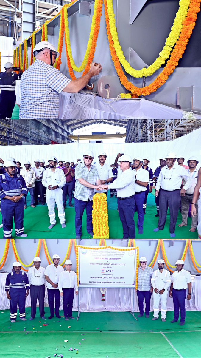 <a href="/Udupicsl/">Udupi Cochin Shipyard Limited</a> wholly owned subsidiary of <a href="/cslcochin/">Cochin Shipyard Limited</a> marked a key milestone with the keel laying of the first 6300 TDW Dry Cargo Vessel (UY 175) in the series of eight vessels for Wilson ASA, Norway. The event was graced by officials from UCSL, Wilson ASA, and DNV