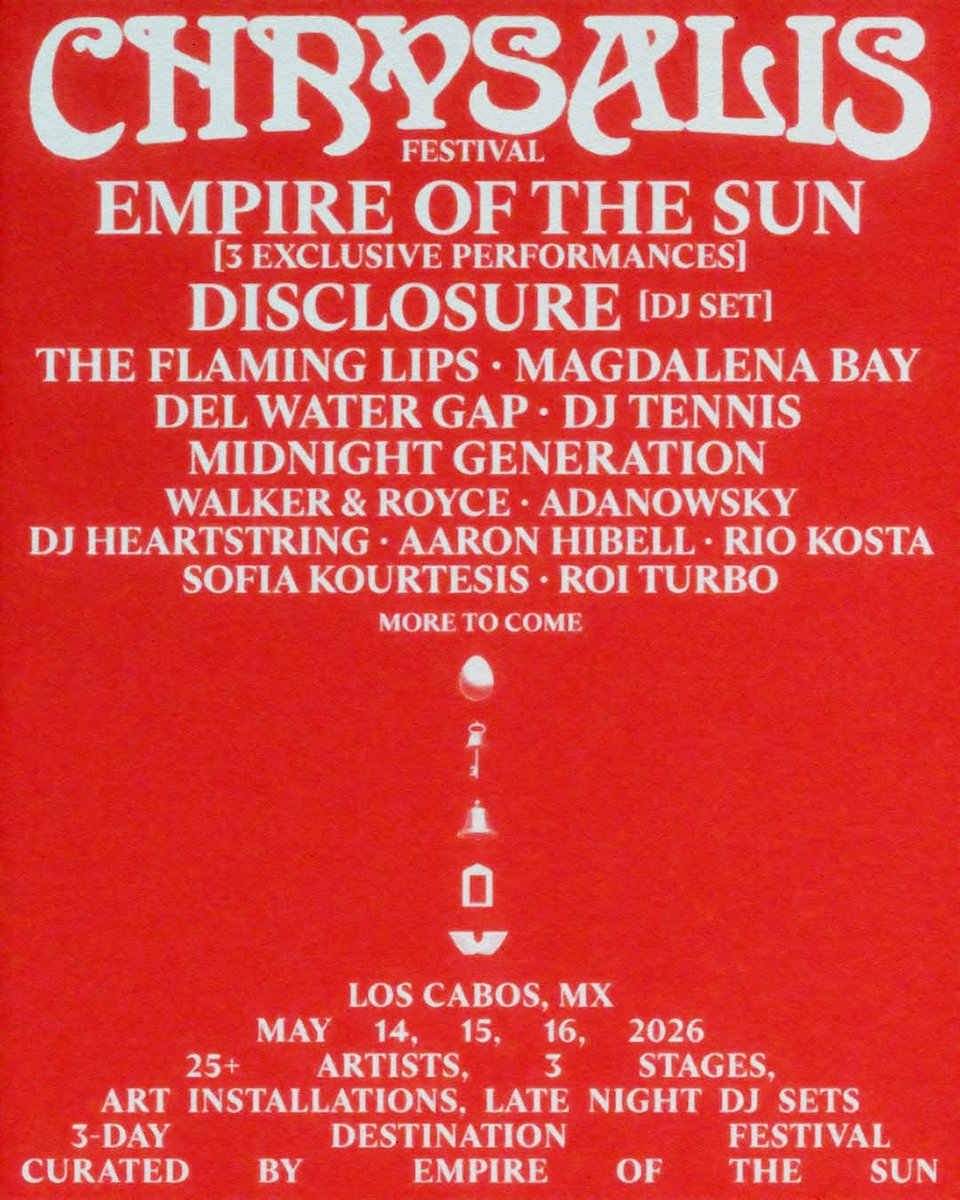 Conoce los invitados a Chrysalis Festival, primer festival de música curado por Empire of the Sun.

Un viaje de tres días a través de la música, el arte y el espíritu.

Chrysalis se realiza del 14 al 16 de mayo en Los Cabos, BCS 

Más información: chrysalisfestival.com