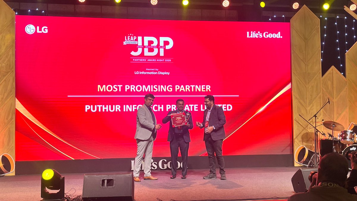 Puthurinfotech's tweet photo. Proud moment for Puthur Infotech!
Weโve been recognized as LGโs Most Promising Partner โ 2025. ๐
Big win. Bigger responsibilities.
Letโs make 2025 even stronger.
#LG #PuthurInfotech #Award2025 #LifeIsGood https://t.co/IJBwiqsb66