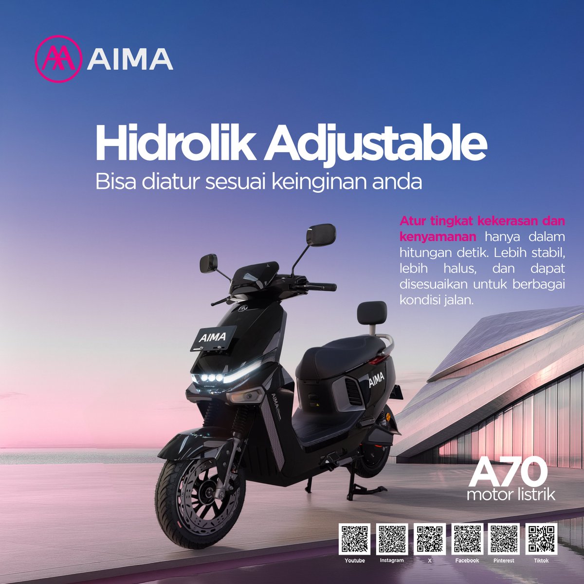aimaindone's tweet photo. A70 dengan fitur Hidrolik Adjustable, kamu bisa atur tingkat kenyamanan hanya dalam hitungan detik. Mau lebih stabil? Bisa. Mau lebih halus? Gas. Semua bisa disesuaikan sesuai kondisi jalan dan preferensi kamu.

#aima #aimaindonesia #kendaraanlistrik #sepedalistrik #motorlistrik https://t.co/C6fnksy1x4