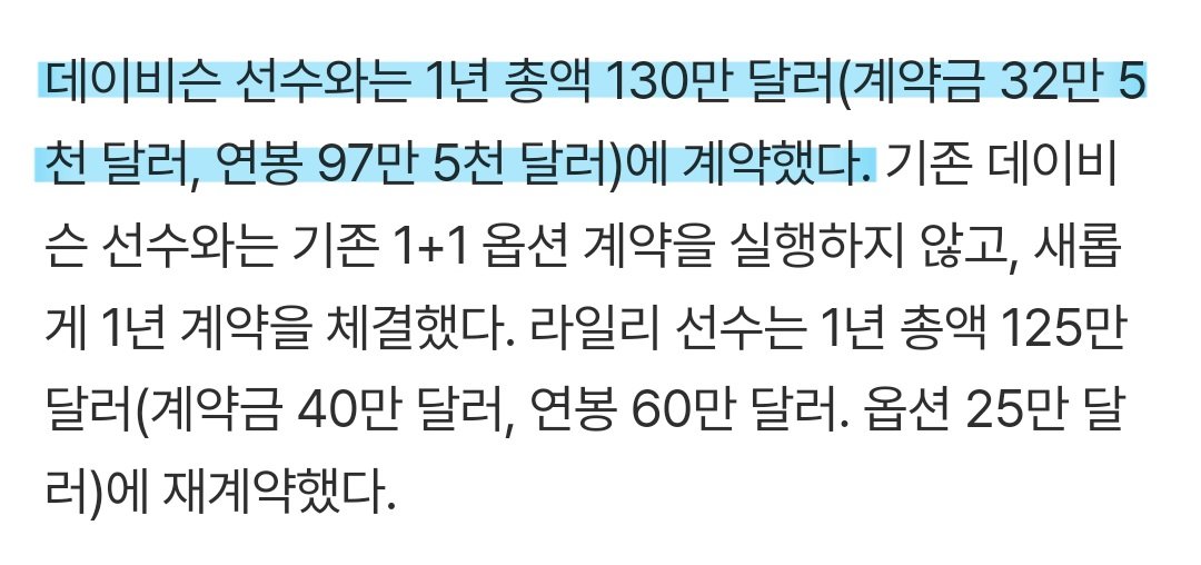 데이비슨 기존 1+1 계약이 130만 보장, 옵션 40만이었는데 이 계약 실행 안하고 130만에 계약했대 ..... 우리 비슨이 엔씨다이노스 얼마나 사랑하는 건지 감도 안온다 😭😭😭
