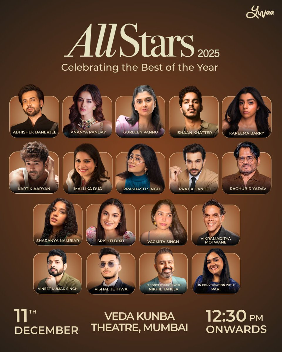 weareyuvaa's tweet image. It’s finally Yuvaa #AllStars day! 
We’re bringing 3 BIG conversations… with an absolutely stacked lineup. 

📅 11th December, 12 PM onwards 
📷 Veda Kunba Theatre  

We can’t wait to see you there! 📷💛