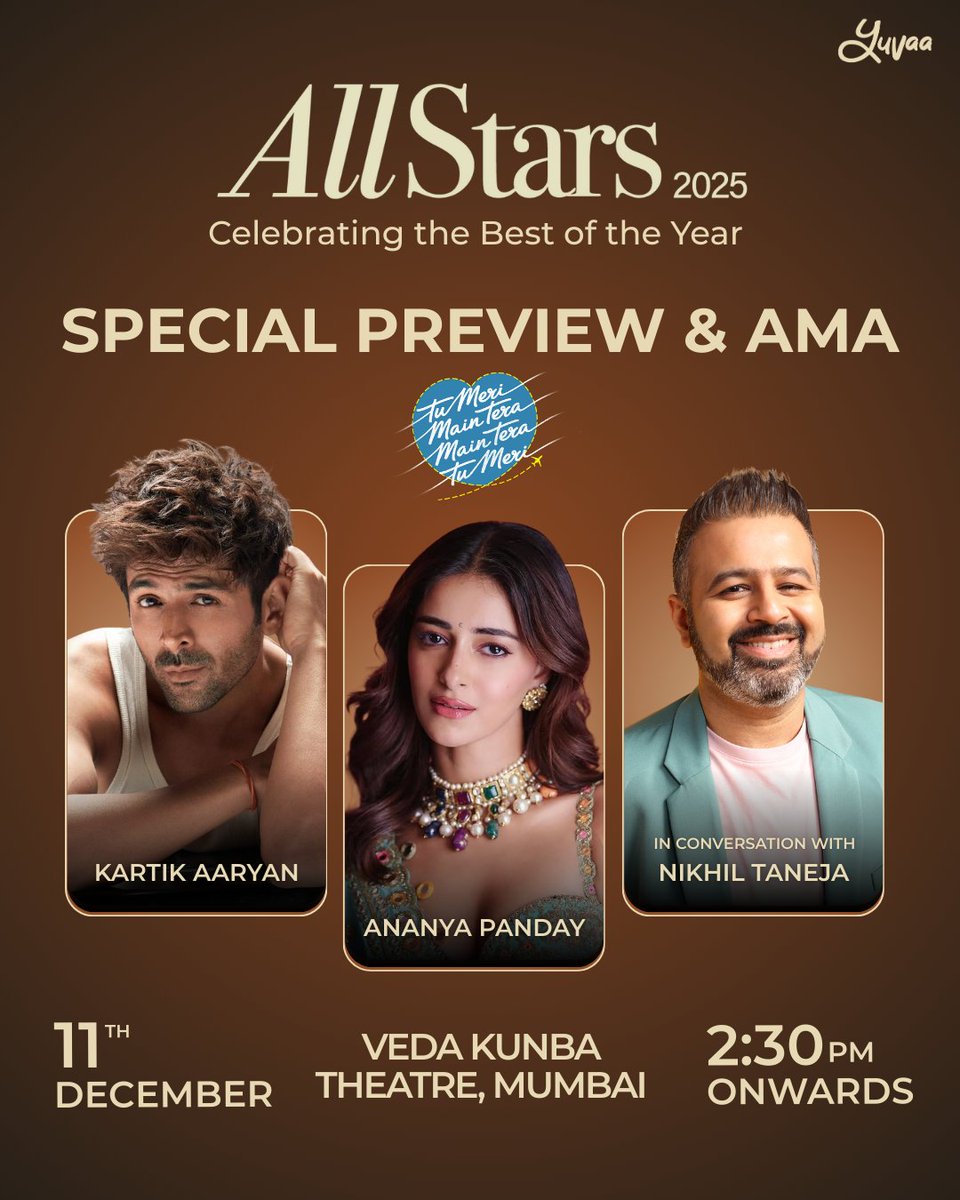 weareyuvaa's tweet image. It’s finally Yuvaa #AllStars day! 
We’re bringing 3 BIG conversations… with an absolutely stacked lineup. 

📅 11th December, 12 PM onwards 
📷 Veda Kunba Theatre  

We can’t wait to see you there! 📷💛