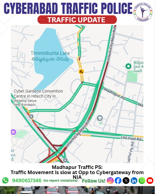CYBTRAFFIC's tweet photo. Madhapur Traffic PS Update:
Traffic is moving slowly near cyber gateway (opposite side) due to congestion from the nia direction.
Commuters are advised to proceed with caution.
#trafficupdate #madhapurtraffic #cybergateway #cyberabadtrafficpolice #slowmovement
