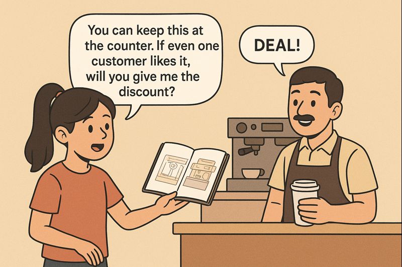 A 10-year-old taught me the best lesson in negotiation.

She asked a café for a ₹110 hot chocolate for ₹80.
They refused.
Instead of giving up, she showed a sketch she made of the café:
 “Keep this at the counter. If one customer likes it, can I get the discount?”

The barista
