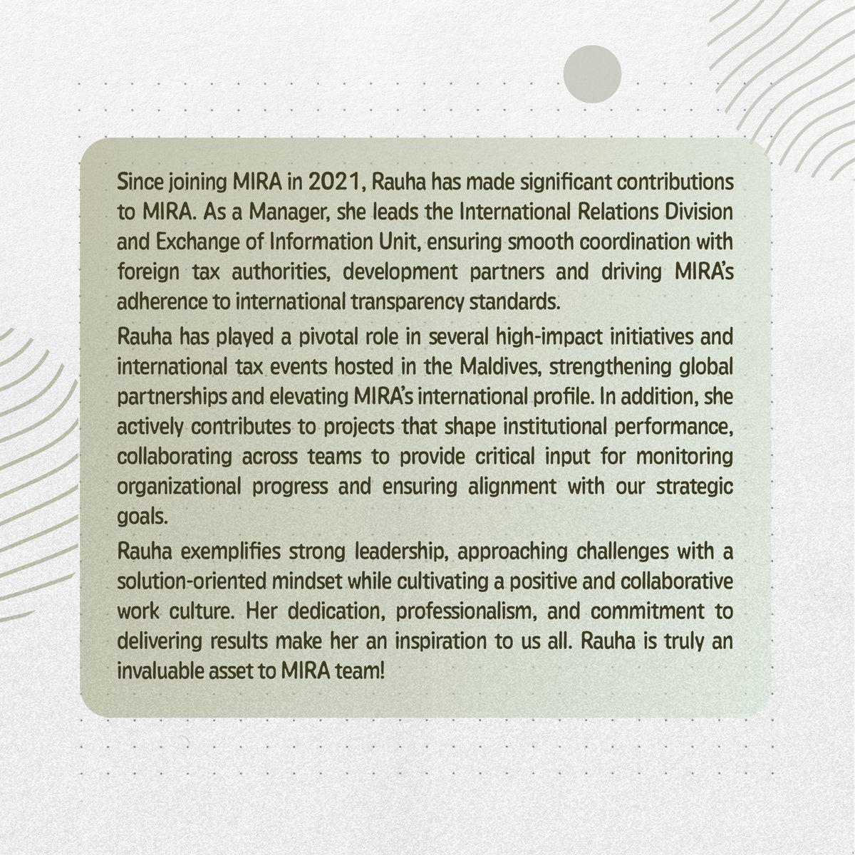 Proud to recognise Rauha for her exceptional contributions to MIRA, from leading international cooperation to supporting key institutional initiatives. Her professionalism and passion makes her an integral part of our success. 👏
#essenceofmira #gulhigenmira
