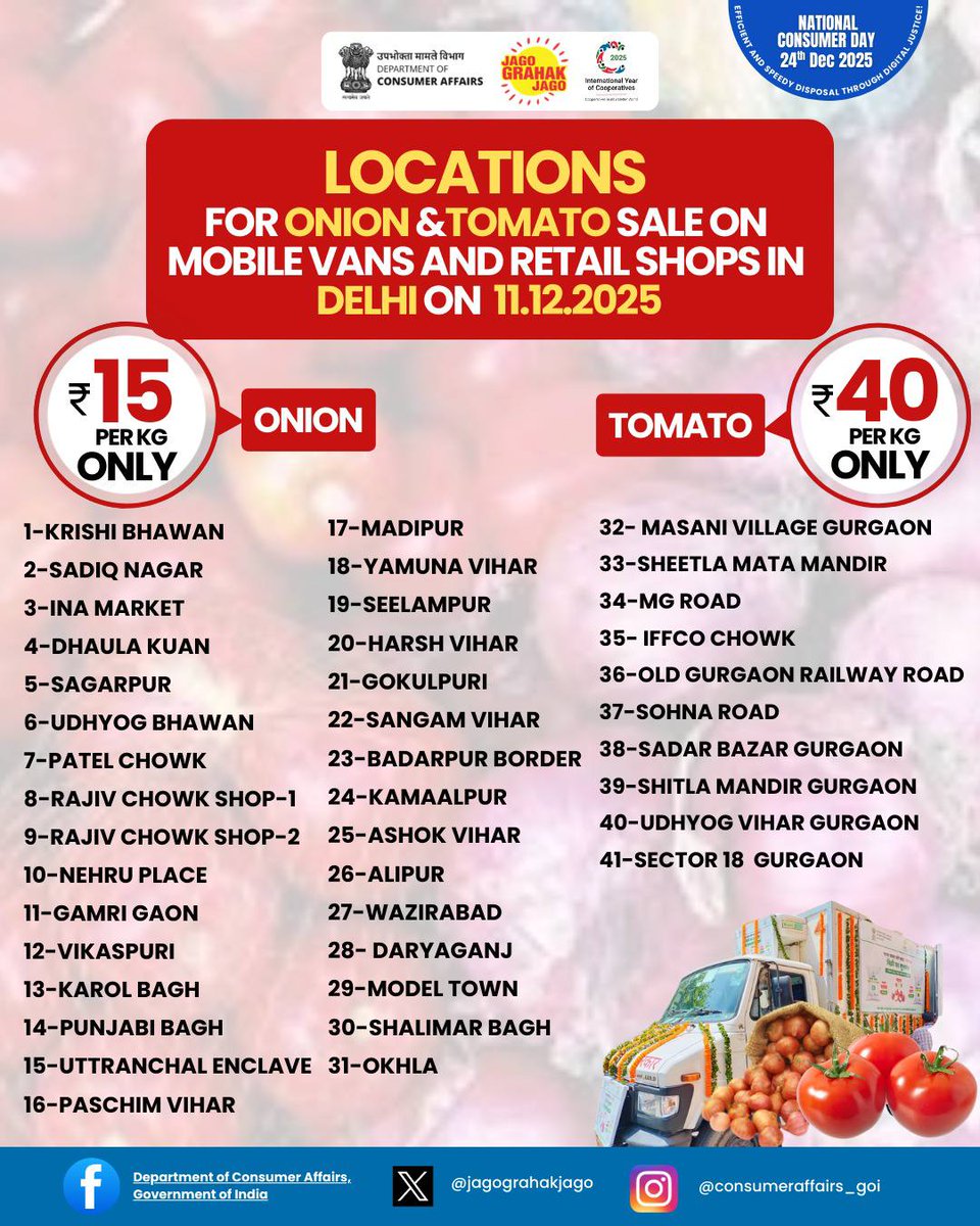 CBCBhopal's tweet image. Onions and Tomatoes at discounted price — See the locations of mobile vans near you in Delhi.

#locations #DiscountedOnion #MobileVanLocations #NCCF #NAFED #pricestabilization
