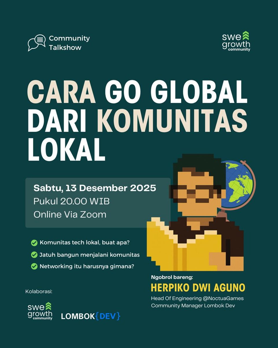 Halo!

Akhir pekan ini saya akan ngobrolin lika-liku komunitas bareng mas Zikrul Ihsan / SWE Growth.

Daftar dengan set reminder di google calendar ini:  calendar.app.google/sybUNFqXpqtg56…