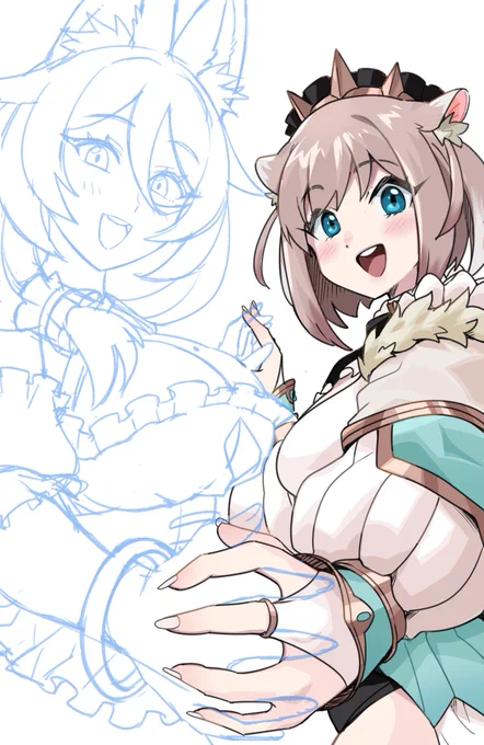 ▼今回の絵こんな感じの工程で進めてみた ①あ→全体のラフ作成して、先にムルメルちゃんを描く(この時重なる手の部分だけラフを残しておく) ②り→①の上からモモさんを描いてもらう、そのあとに重なる部分をマスクでいい感じに消して調整する ③あ→最後に背景のグラデを入れて完成!