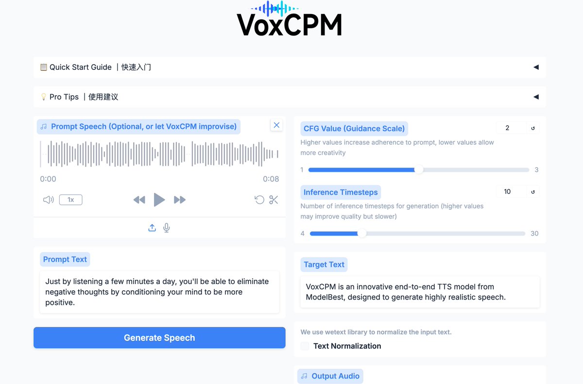 面壁 #VoxCPM 1.5B TTS 模型是极好的，支持输出 44.1kHZ 音频达到商用级别音质；

整体模型架构也参考了字节  DiTAR，也是标准 GPT + FlowMatching/DiT 变体，使用连续 Codec 表征压缩到低至 6.25 Hz

demo 体验：huggingface.co/spaces/openbmb…
GitHub: github.com/OpenBMB/VoxCPM
HF: