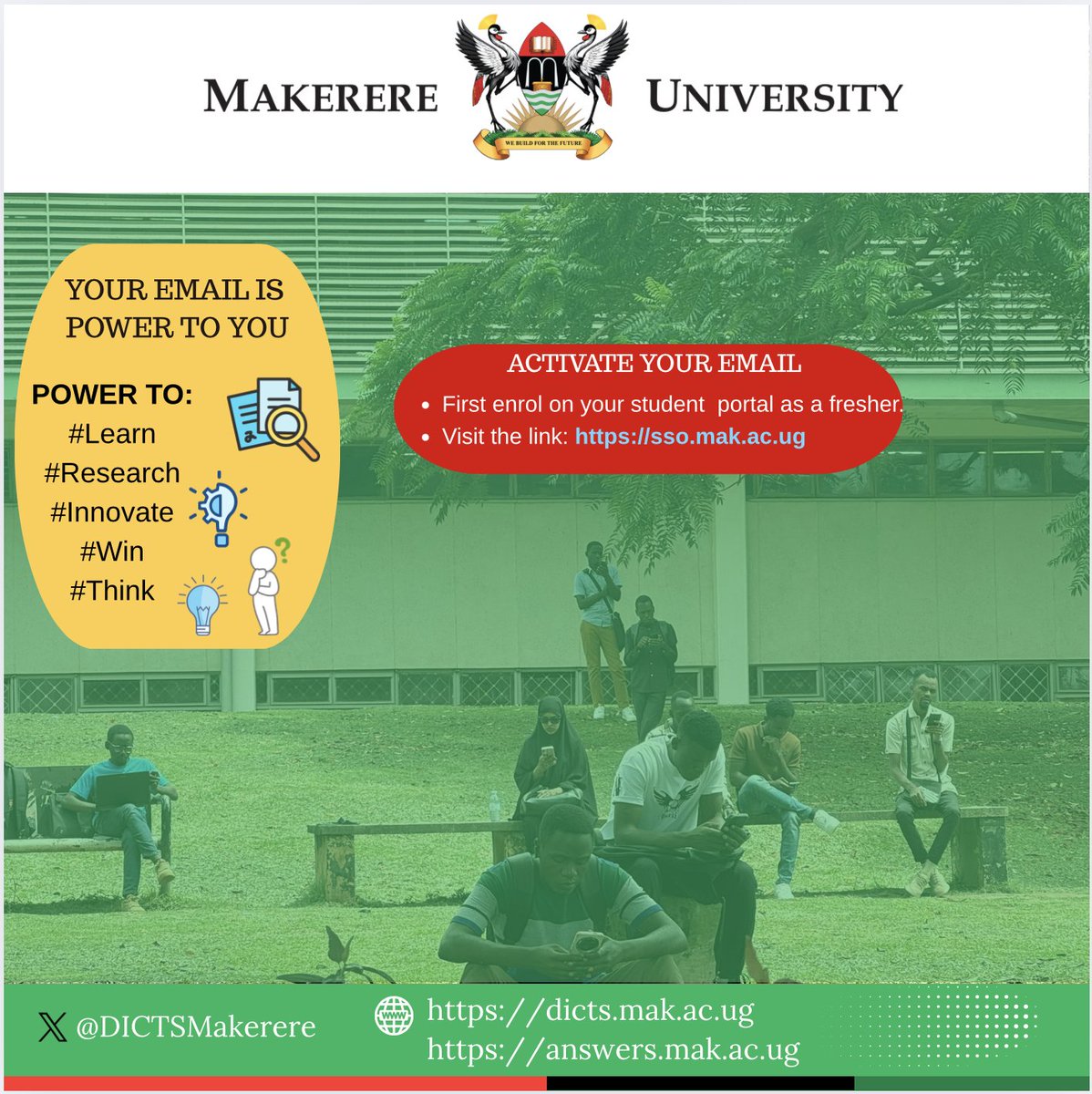 DICTSMakerere's tweet photo. It's a new day @Makerere hill.
With students away. It doesn't mean work or research stops.
A lot keeps happening behind the scenes.
We remind students and staff that with their University email addresses, they can connect to @RENU_256 Eduroam & keep learning & researching. https://t.co/kDGnBcm6hI